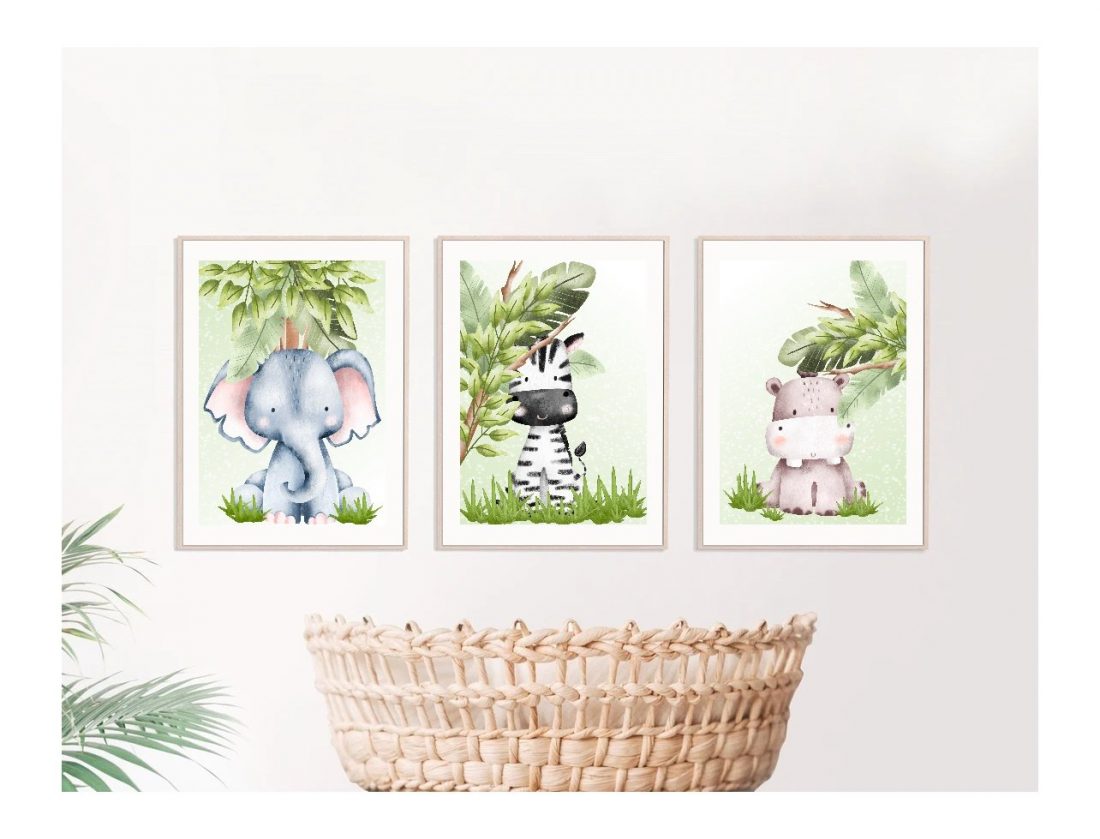 Zebra, Elephant, Hippo Jungle Animals Nursery Prints - Kangaroo Kids Designs - unique nursery prints and kids wall art, nursery decor and nursery essentials.
