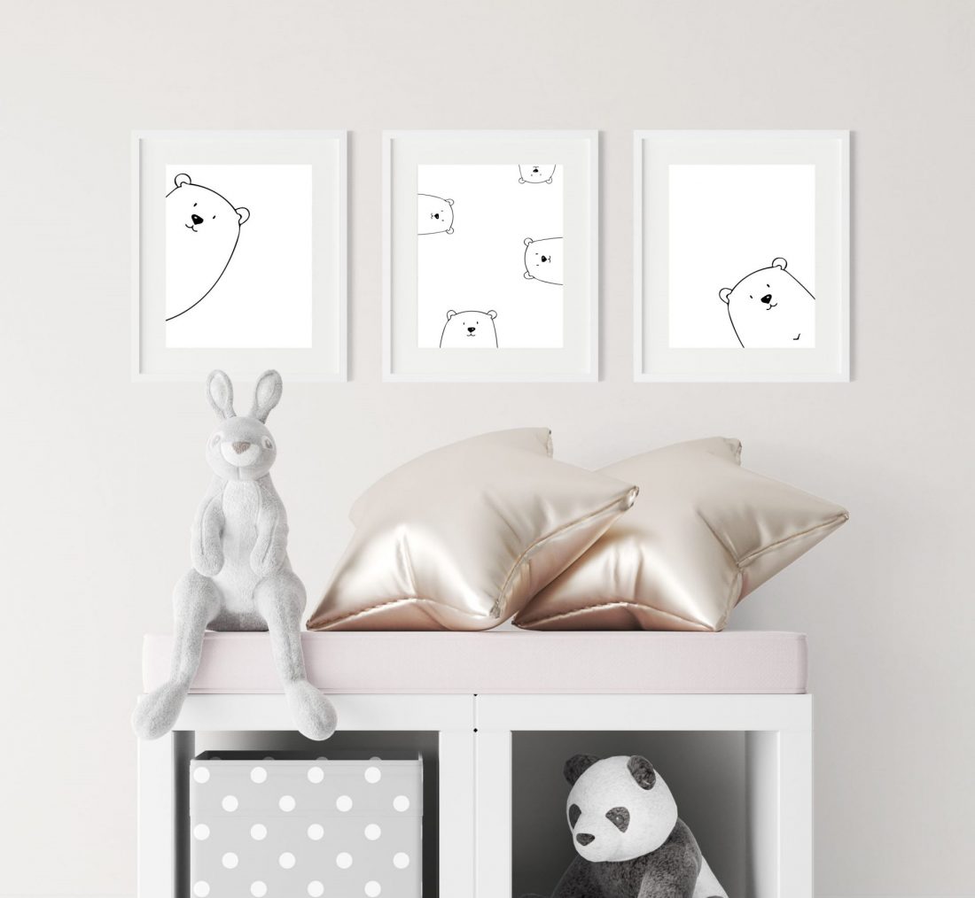 Peek A Boo Bears Nursery Wall Art Print Set, designed in monochrome with a minimalist aspect. Kangaroo Kids Designs - unique nursery prints and kids wall art, nursery decor and nursery essentials.