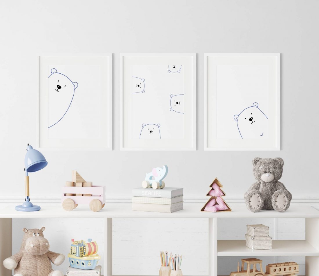 Peek A Boo Blue Bears Nursery Wall Art Print Set, designed in blue with a minimalist aspect. Kangaroo Kids Designs - unique nursery prints and kids wall art, nursery decor and nursery essentials.