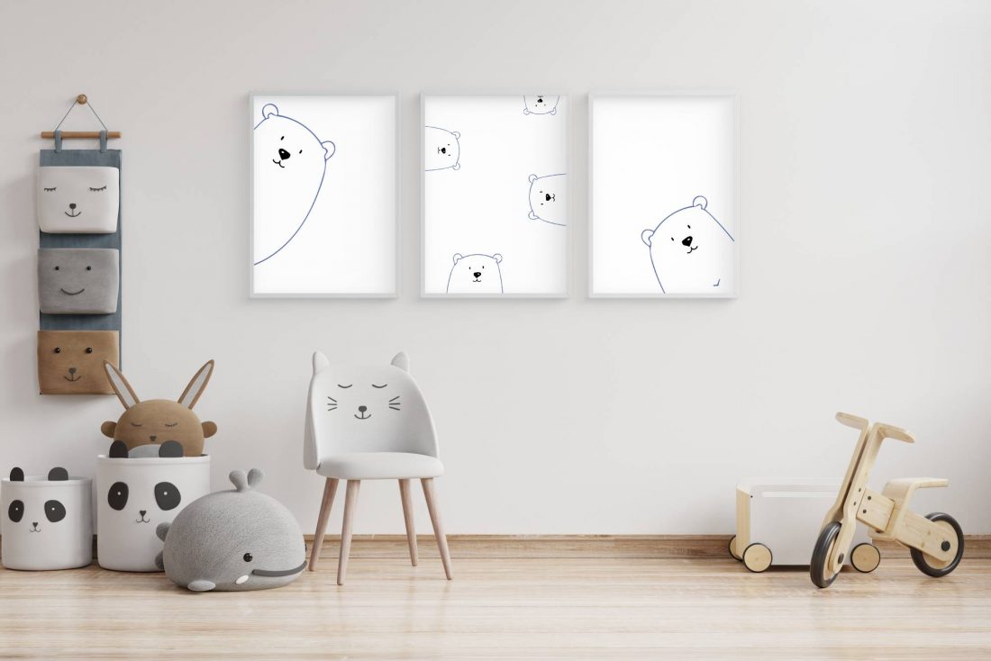 Peek A Boo Blue Bears Nursery Wall Art Print Set, designed in blue with a minimalist aspect. Kangaroo Kids Designs - unique nursery prints and kids wall art, nursery decor and nursery essentials.