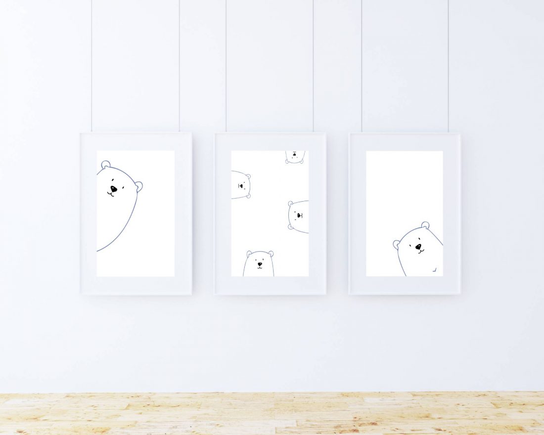 Peek A Boo Blue Bears Nursery Wall Art Print Set, designed in blue with a minimalist aspect. Kangaroo Kids Designs - unique nursery prints and kids wall art, nursery decor and nursery essentials.