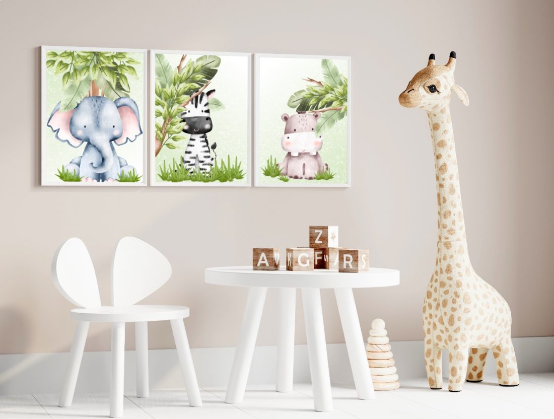 Zebra, Elephant, Hippo Jungle Animals Nursery Prints - Kangaroo Kids Designs - unique nursery prints and kids wall art, nursery decor and nursery essentials.