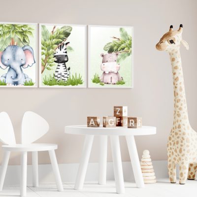 Zebra, Elephant, Hippo Jungle Animals Nursery Prints - Kangaroo Kids Designs - unique nursery prints and kids wall art, nursery decor and nursery essentials.