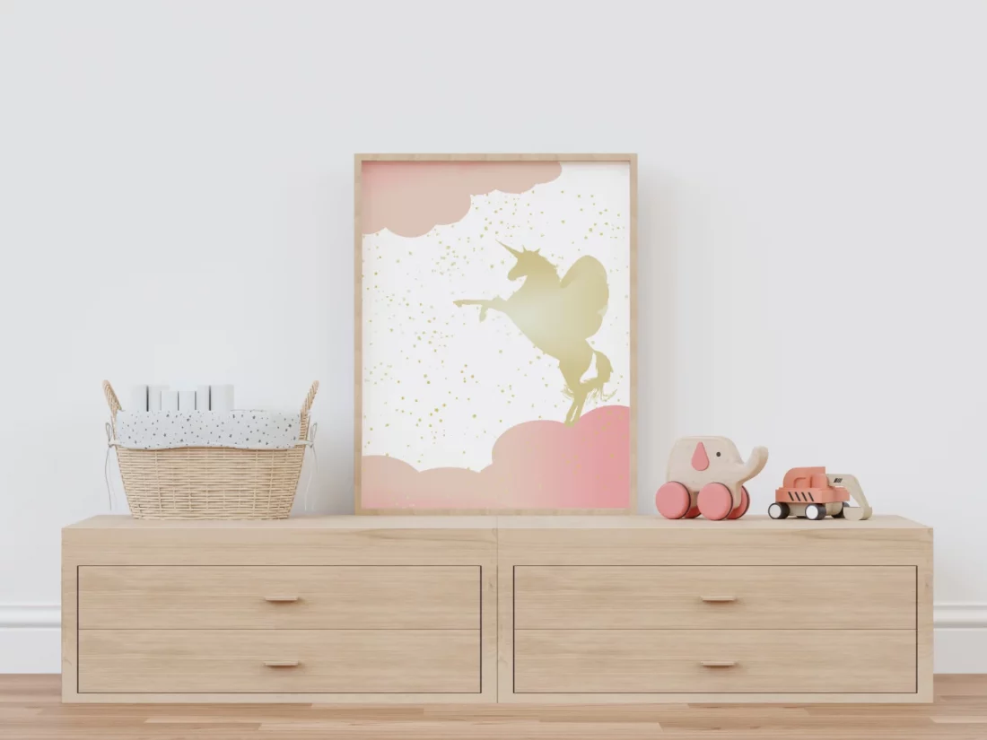 Whimsical Dreams Pink and Gold Unicorn Wall Art Print by Kangaroo Kids Designs