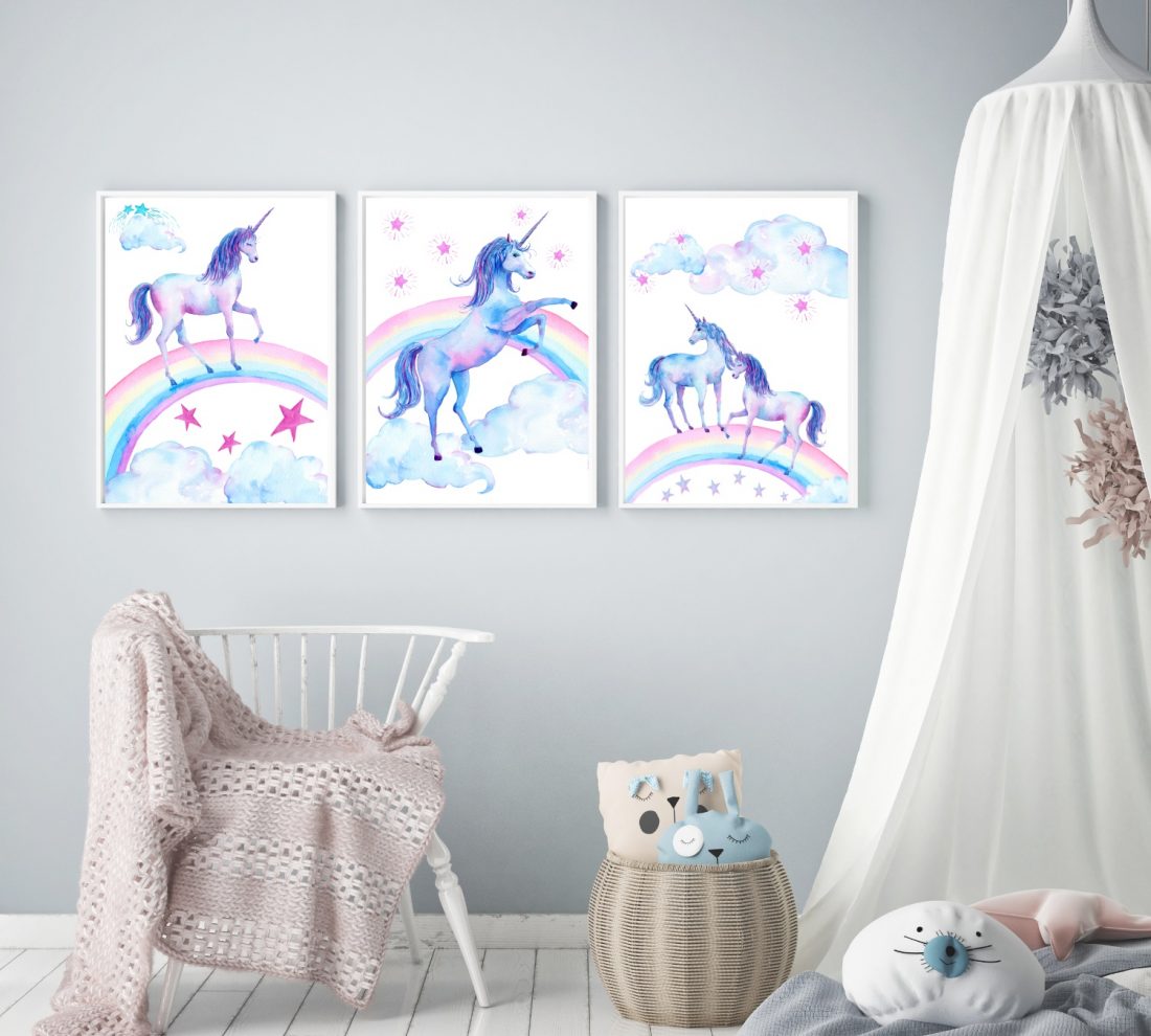 Watercolour Unicorns Girls Wall Art Prints in Pastels by Kangaroo Kids Designs
