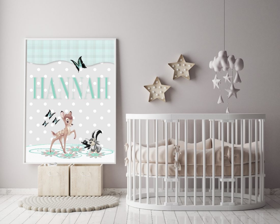 Bambi Girls Name Nursery Print | Mint & Grey | by Kangaroo Kids Designs
