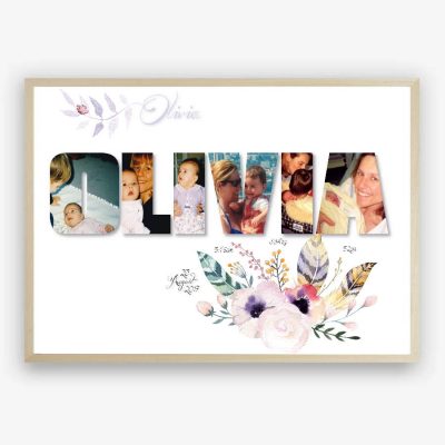 Baby Girl Name & Birth Photo Collage Print - Boho Florals