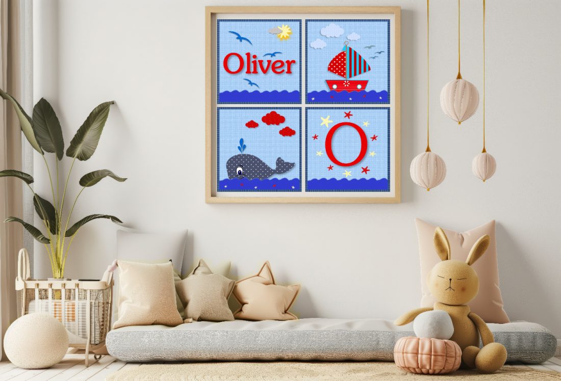 Whale & Boat Boys Name Scrapbook Print