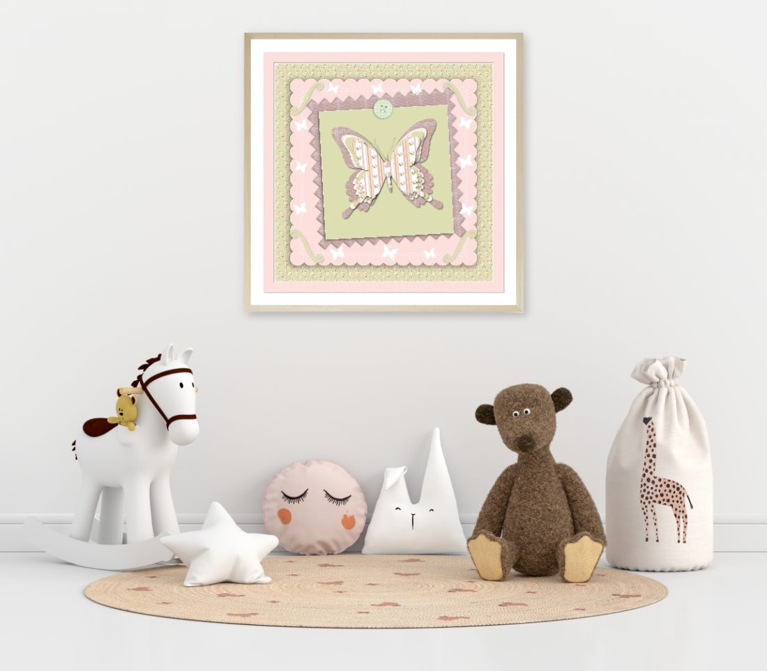Shabby Chic Pink & Mint Butterfly Nursery Print - Scrapbook Style - by Kangaroo Kids Designs