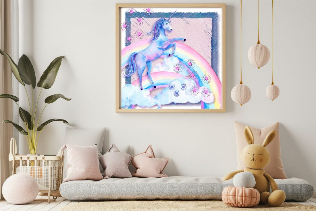 Watercolour Dancing Unicorn - Scrapbook inspired girls wall art print by Kangaroo Kids Designs