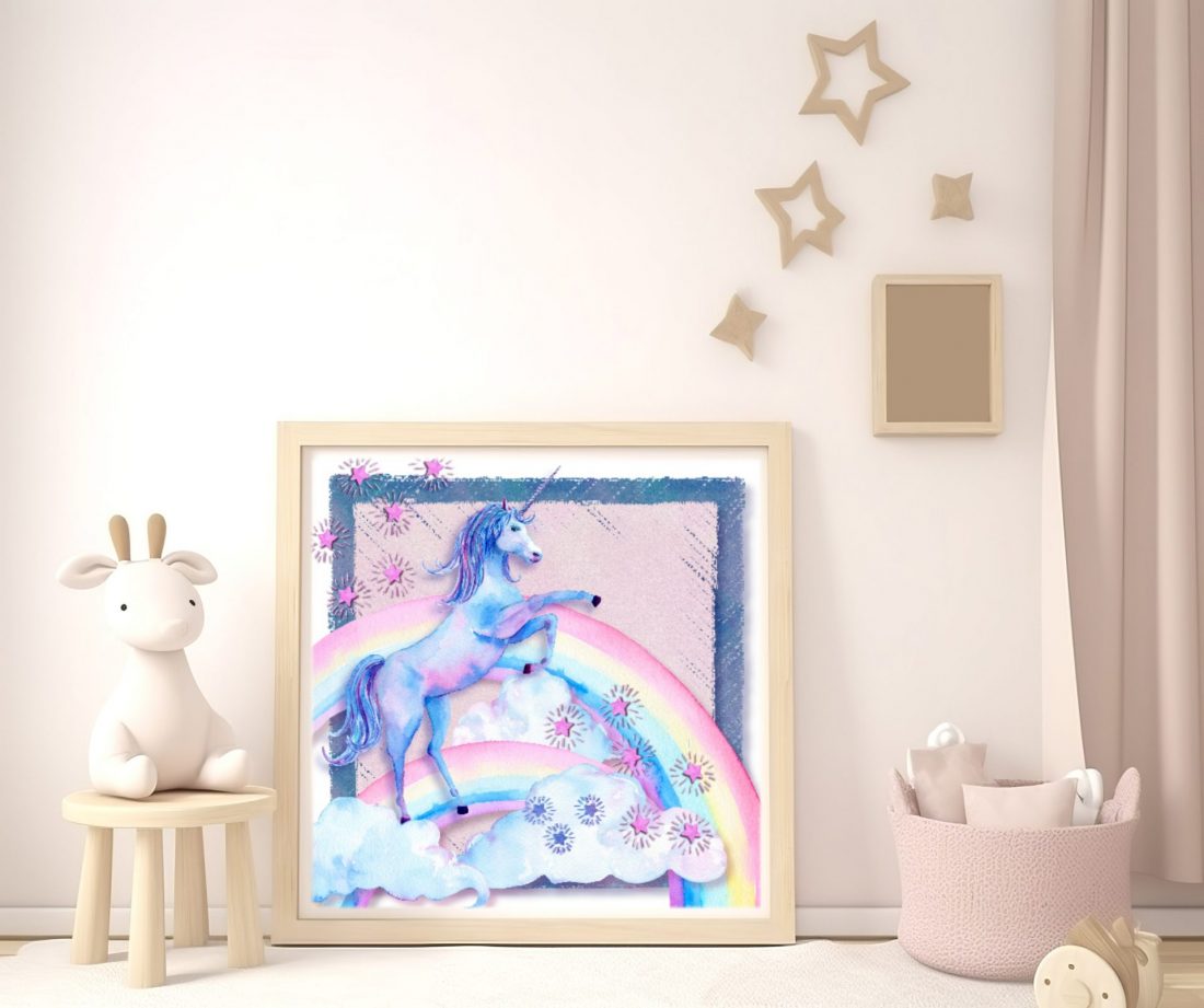 Watercolour Dancing Unicorn - Scrapbook inspired girls wall art print by Kangaroo Kids Designs