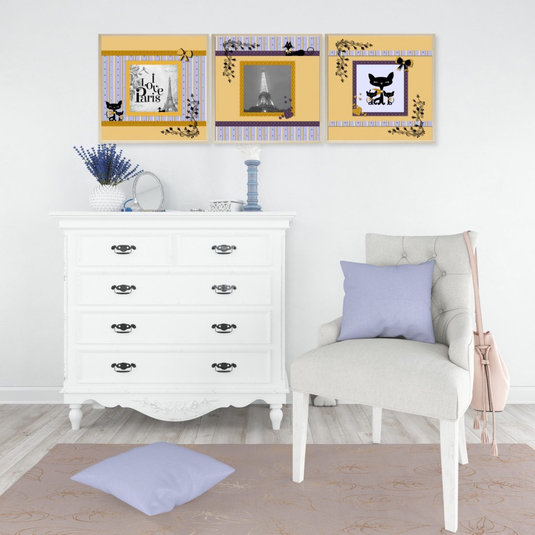 Paris Set of 3 Wall Art Prints Tween Bedroom in Purple & Yellow by Kangaroo Kids Designs