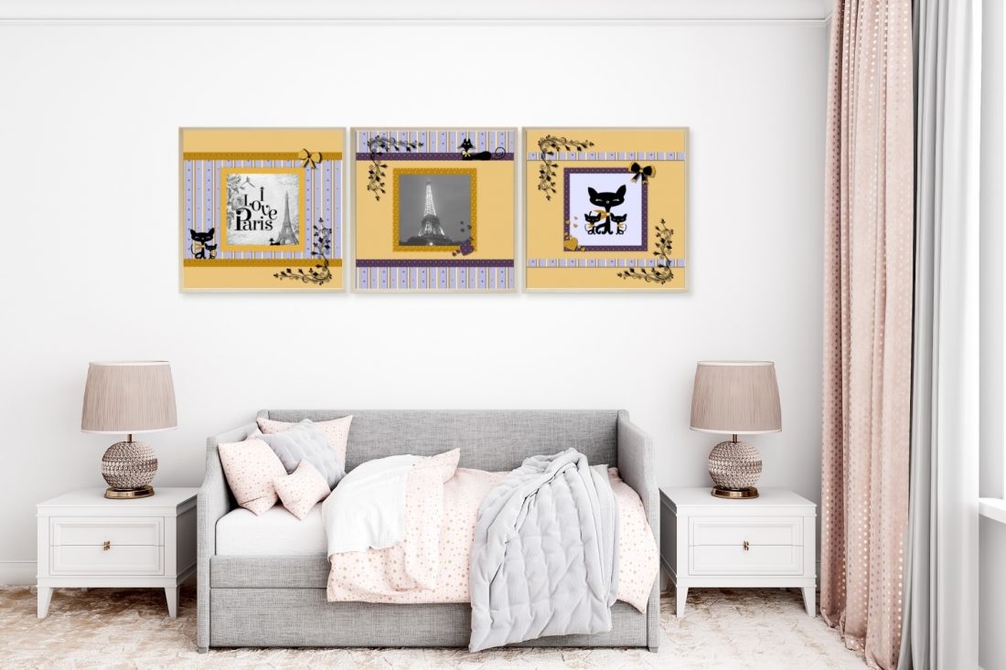 Paris Set of 3 Wall Art Prints Tween Bedroom in Purple & Yellow by Kangaroo Kids Designs