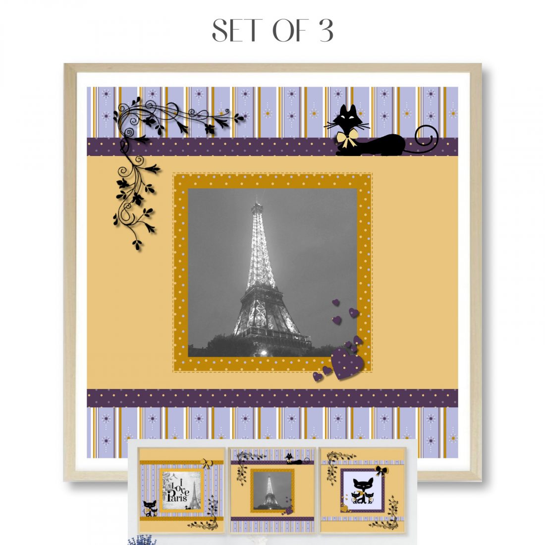Paris Set of 3 Wall Art Prints Tween Bedroom in Purple & Yellow by Kangaroo Kids Designs