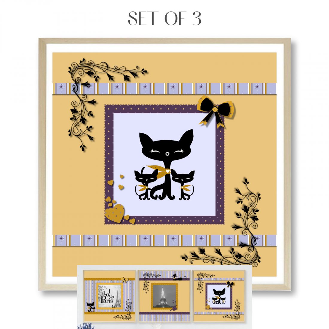 Paris Set of 3 Wall Art Prints Tween Bedroom in Purple & Yellow by Kangaroo Kids Designs