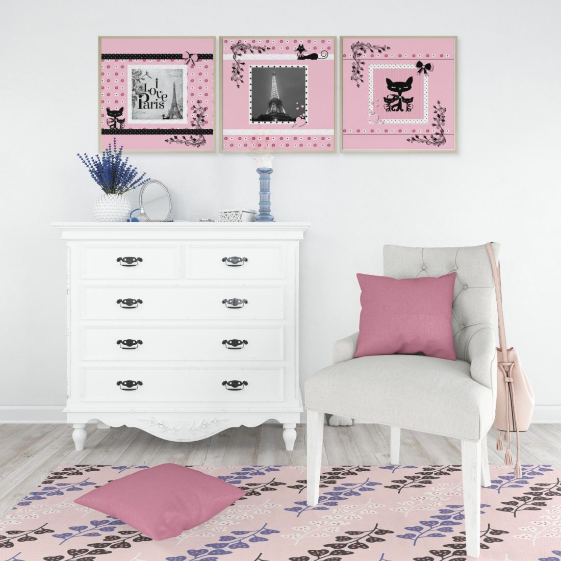 Paris Set of 3 Wall Art Prints Tween Bedroom in Pink by Kangaroo Kids Designs