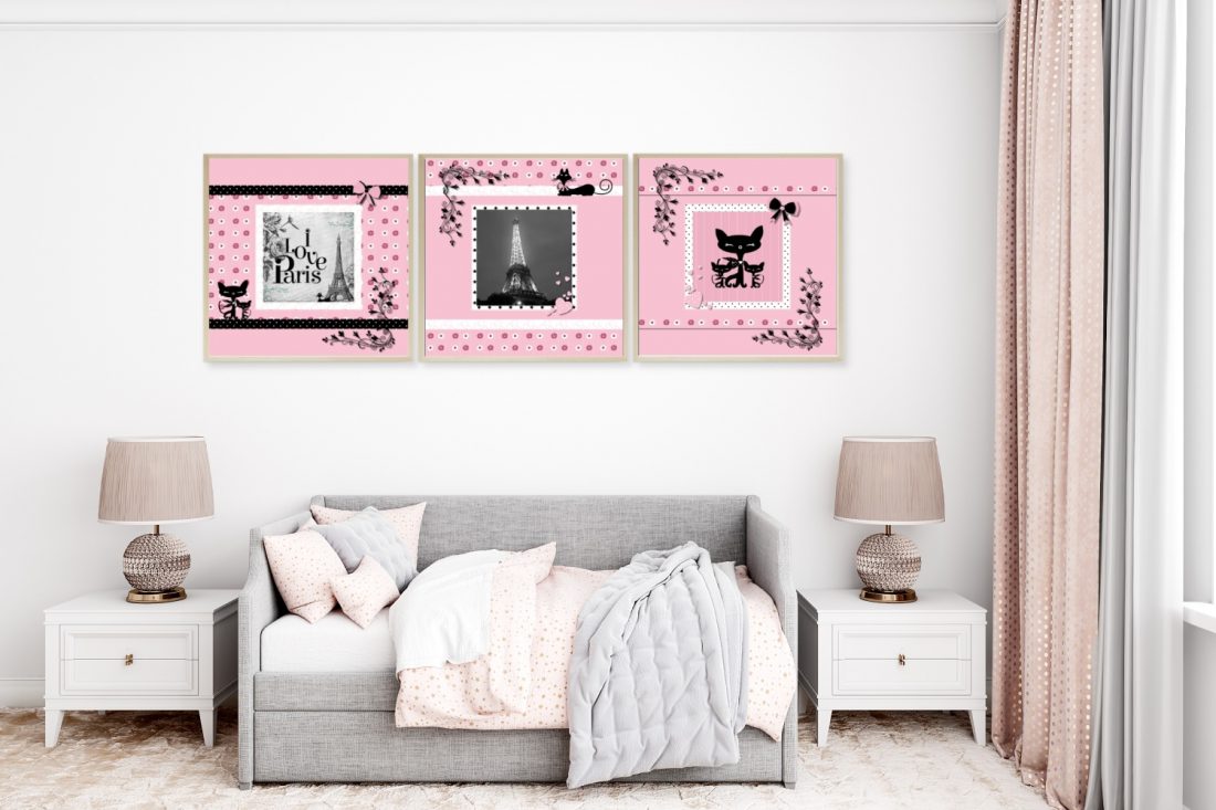 Paris Set of 3 Wall Art Prints Tween Bedroom in Pink by Kangaroo Kids Designs