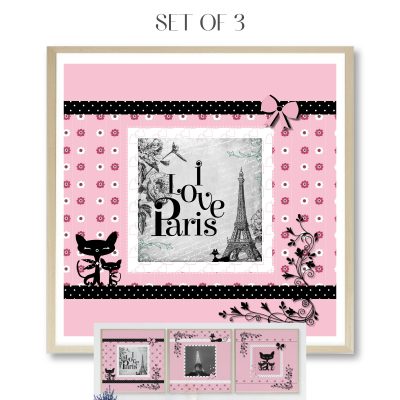 Paris Themed Tower Set of 3 Pink Wall Art Prints Teen Bedroom