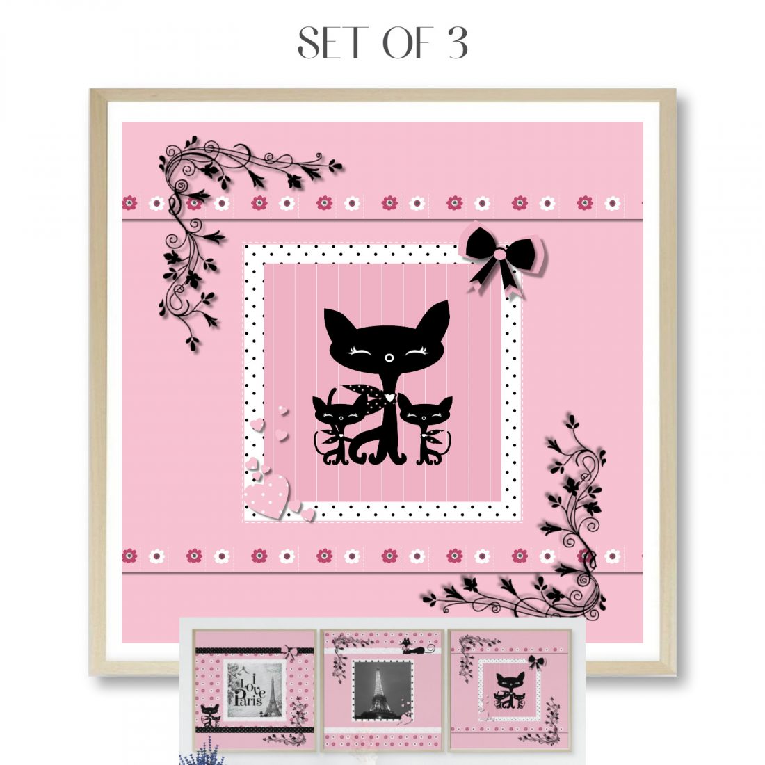 Paris Set of 3 Wall Art Prints Teen Bedroom in Pink by Kangaroo Kids Designs