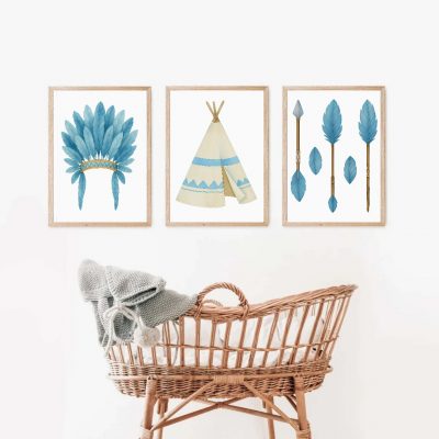 Boys Boho Tribal Nursery or Bedroom Wall Art Print Set