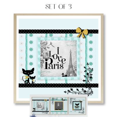 Paris Set of 3 Wall Art Prints Tween Bedroom in teal & blue by Kangaroo Kids Designs