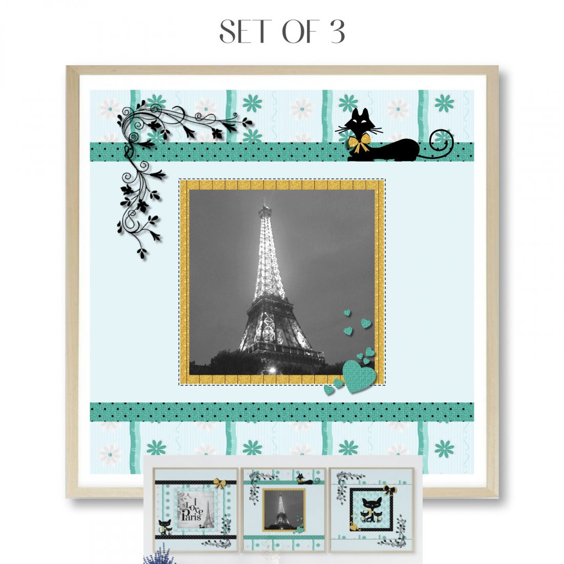 Paris Set of 3 Wall Art Prints Tween Bedroom in teal & blue by Kangaroo Kids Designs