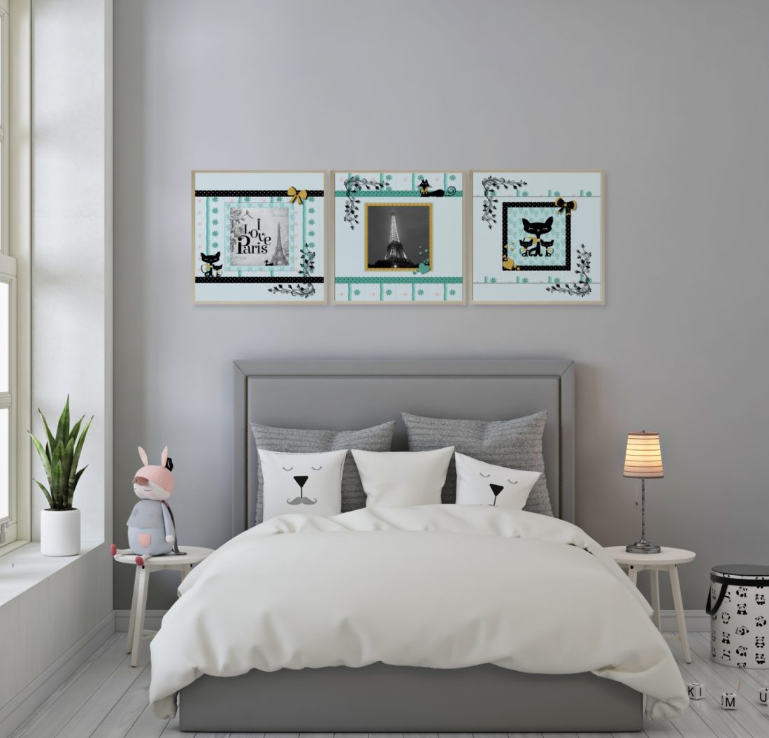 Paris Set of 3 Wall Art Prints Tween Bedroom in teal & blue by Kangaroo Kids Designs