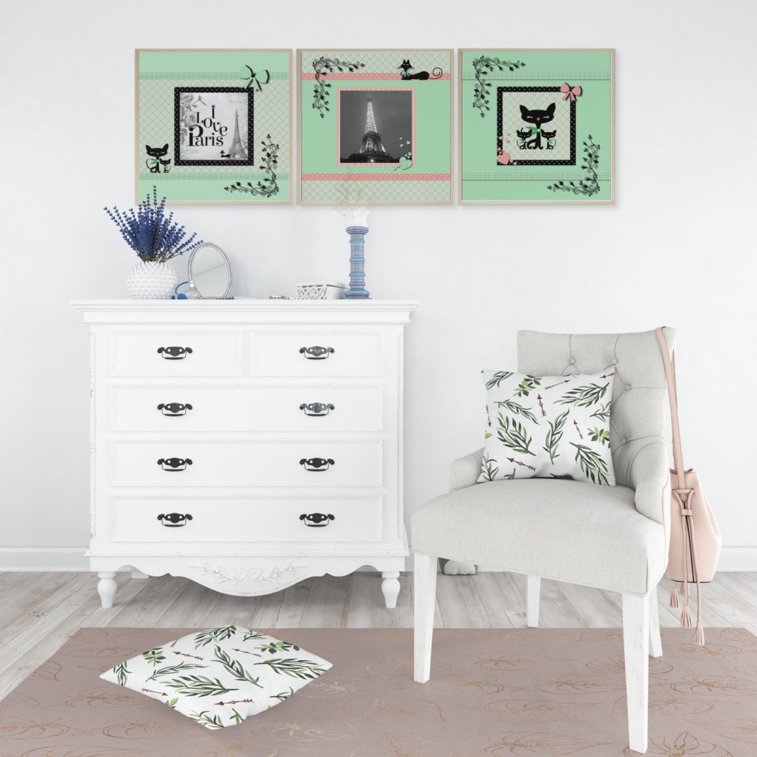 Paris Set of 3 Wall Art Prints Tween Bedroom in Coral/Pink & Green by Kangaroo Kids Designs