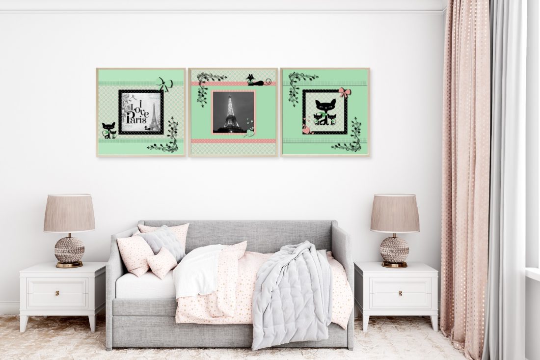 Paris Set of 3 Wall Art Prints Tween Bedroom in Coral/Pink & Green by Kangaroo Kids Designs