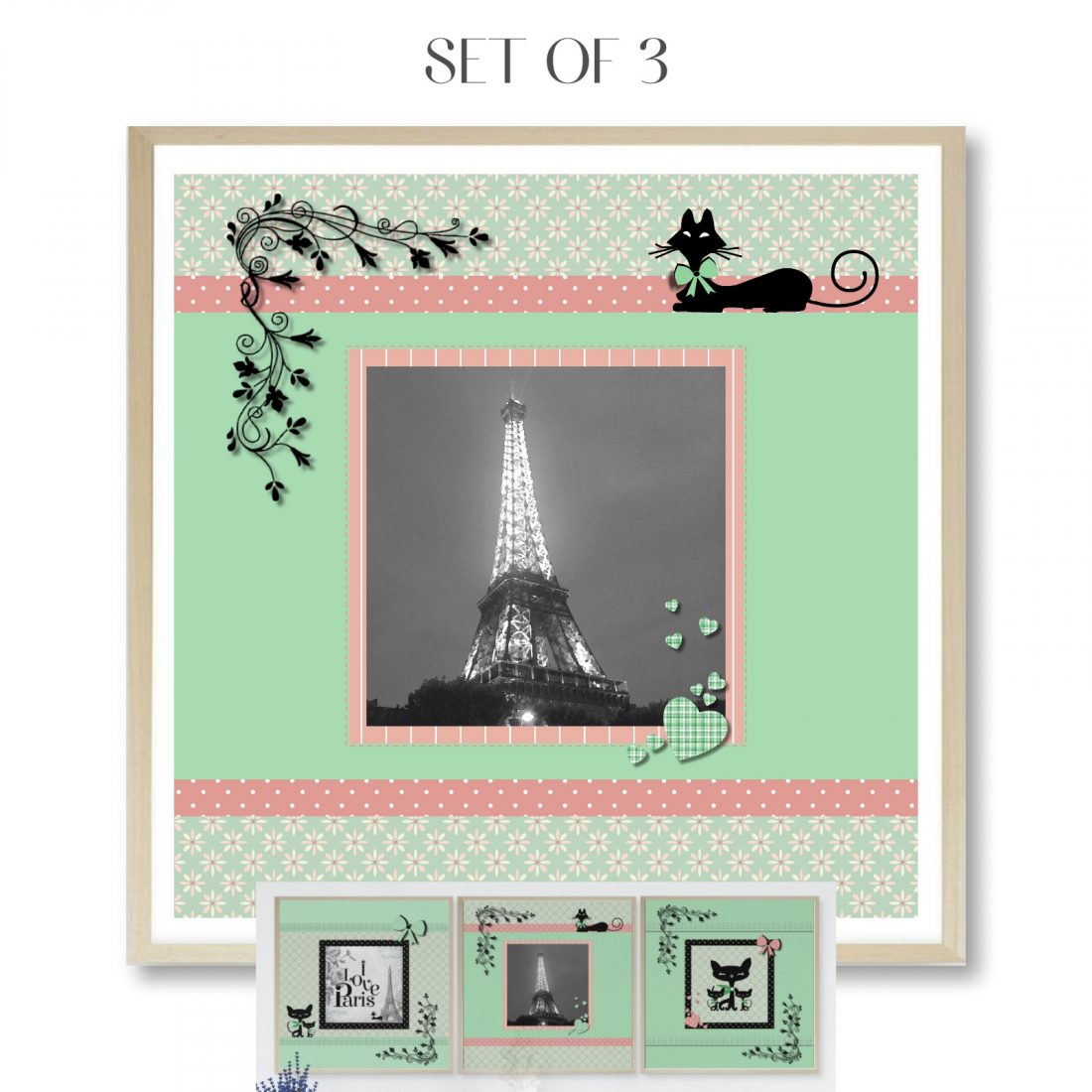 Paris Set of 3 Wall Art Prints Tween Bedroom in Coral/Pink & Green by Kangaroo Kids Designs