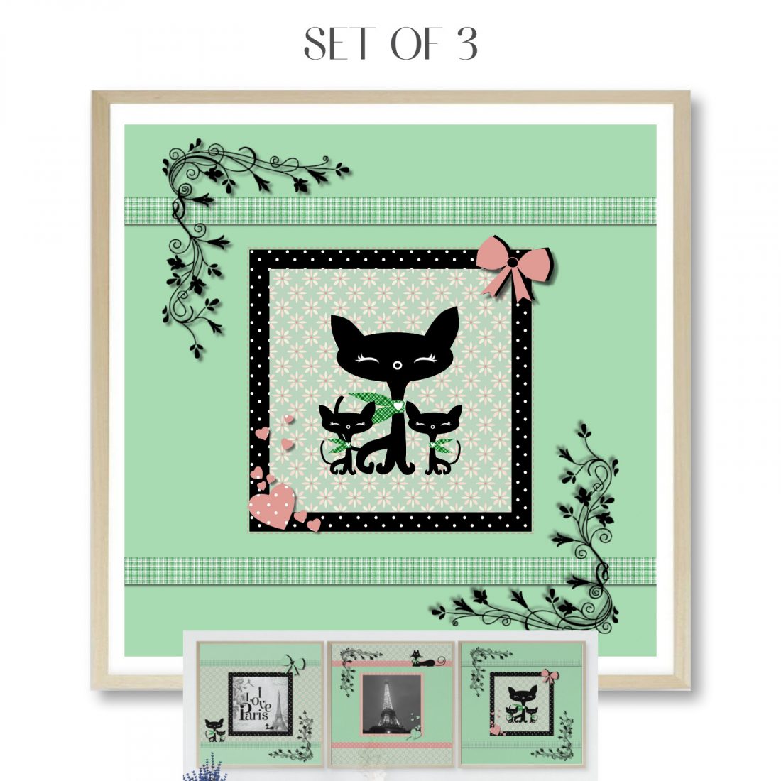 Paris Set of 3 Wall Art Prints Tween Bedroom in Coral/Pink & Green by Kangaroo Kids Designs