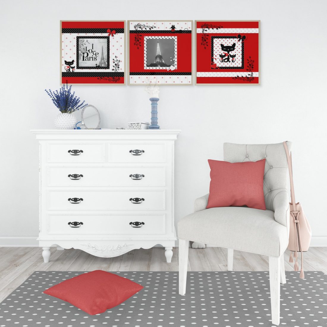 Paris Set of 3 Wall Art Prints Teen Bedroom Red & White by Kangaroo Kids Designs