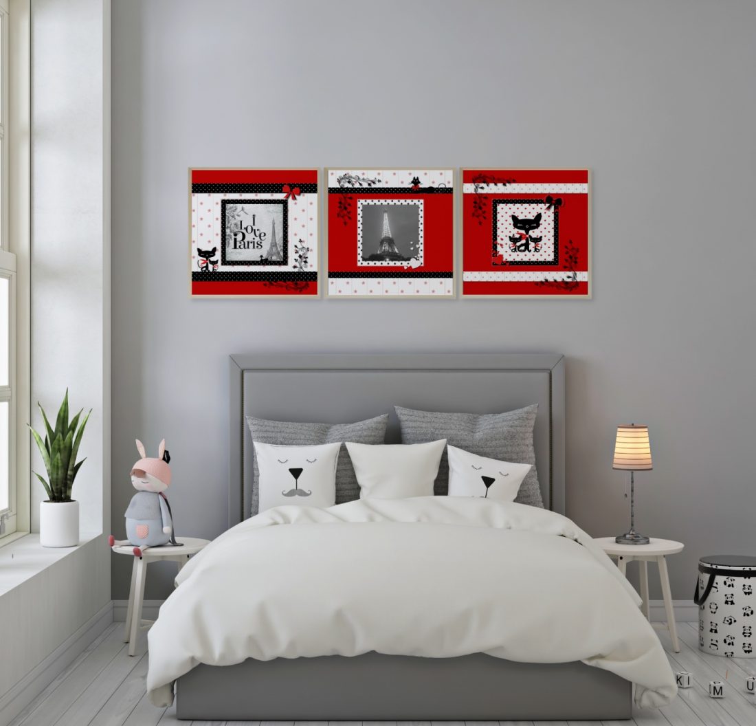 Paris Set of 3 Wall Art Prints Teen Bedroom Red & White by Kangaroo Kids Designs