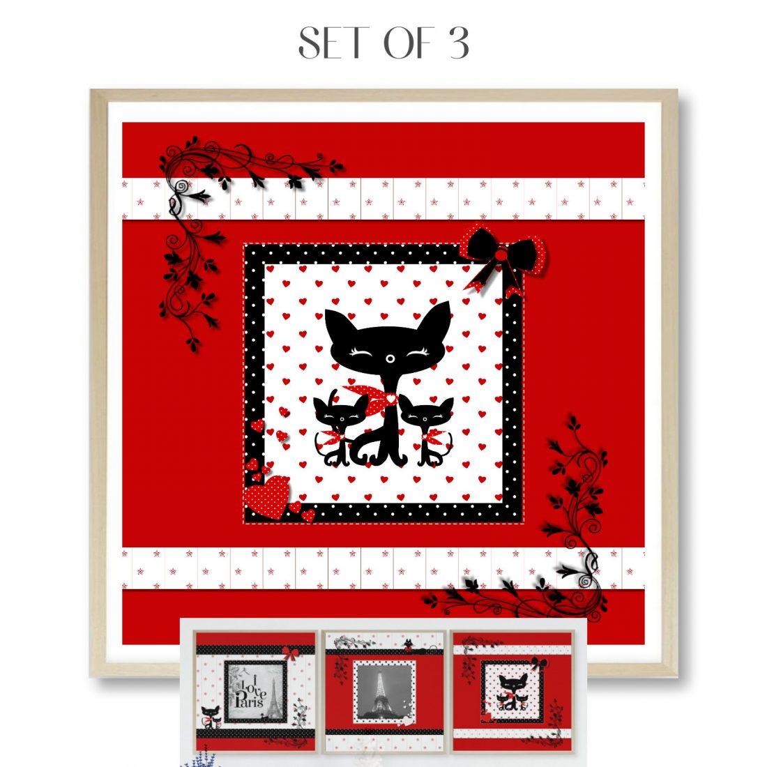 Paris Set of 3 Wall Art Prints Teen Bedroom Red & White by Kangaroo Kids Designs