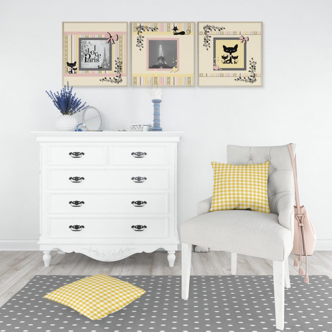 Paris Set of 3 Wall Art Prints Teen Bedroom Neutrals & Soft Pastels by Kangaroo Kids Designs