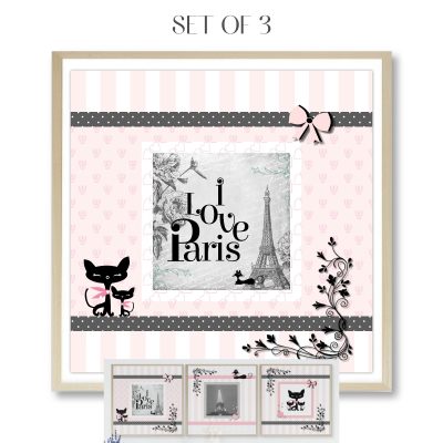 Pastel Pink Paris Eiffel Tower Set of 3 Wall Art Prints Teen Bedroom