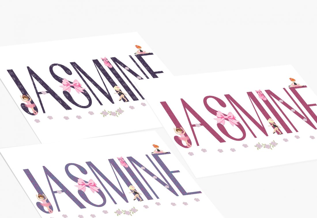 Girls Name Print with Ballerinas - Purple Colour Selections - by Kangaroo Kids Designs
