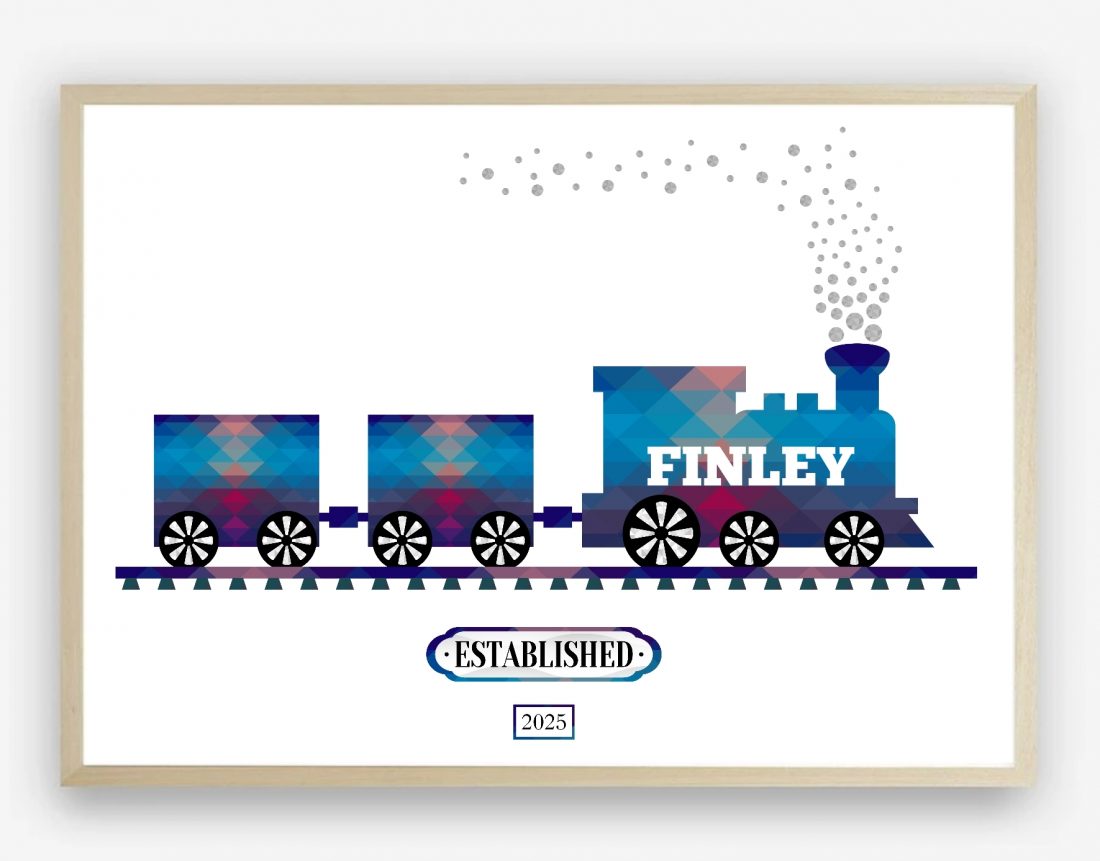 Steam train nursery print, personalised, blue geometric, by Kangaroo Kids Designs