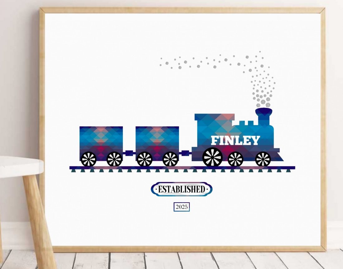 Steam train nursery print, personalised, blue geometric, by Kangaroo Kids Designs