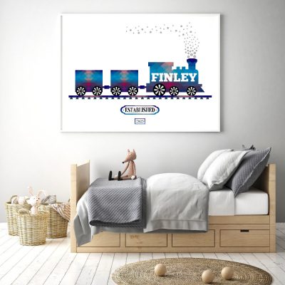 Blue steam train boys name nursery print, geometric, by Kangaroo Kids Designs