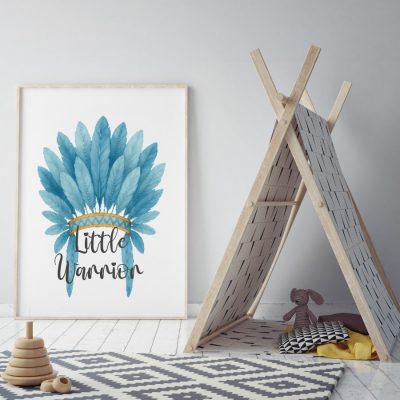 Little Warrior Tribal Boho Boys Blue Feather Headdress Nursery or Bedroom Print
