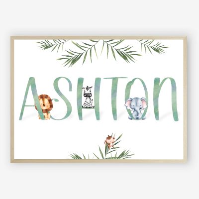Safari Jungle Animals Baby Name Posterby Kangaroo Kids Designs