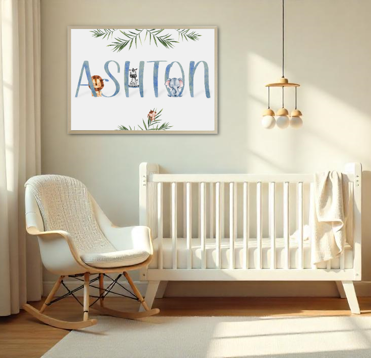 Custom Safari Jungle Animals Name Print With Birth Stats Option 4 Safari Jungle Animals Baby Name Poster - Colour: Little River