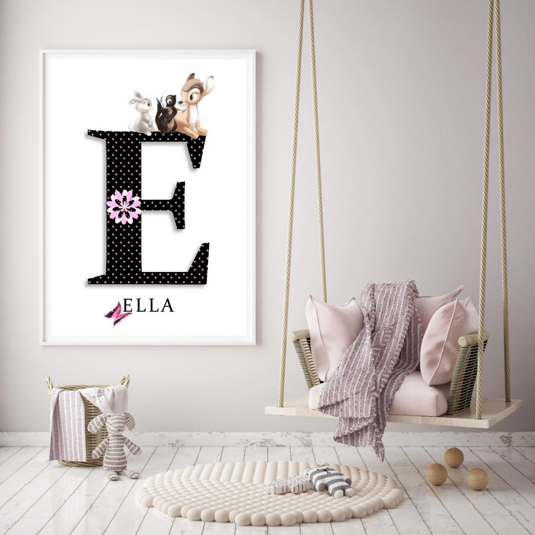 baby initial name print - Disney characters - pink