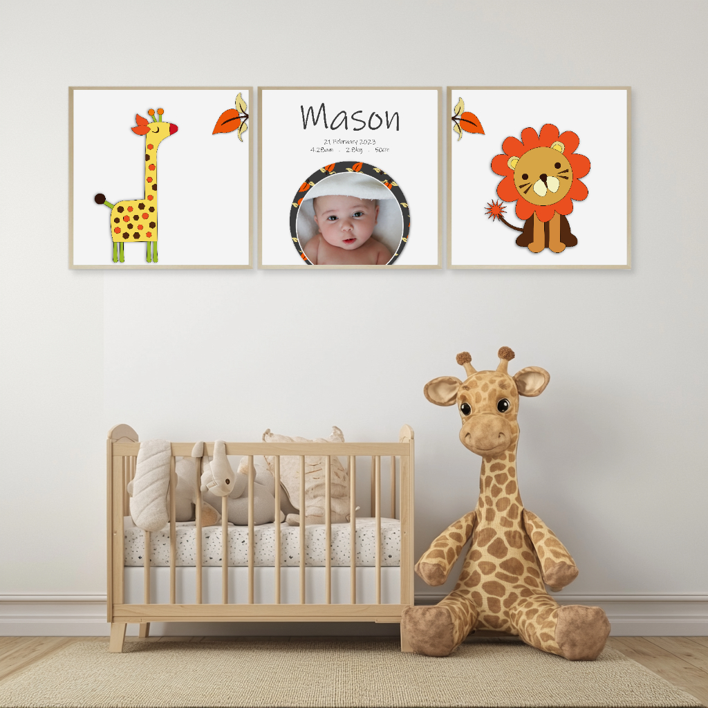Personalised Retro Jungle Nursery Prints – Giraffe, Lion & Baby Name Art 4 Personalised Retro Jungle Nursery Prints