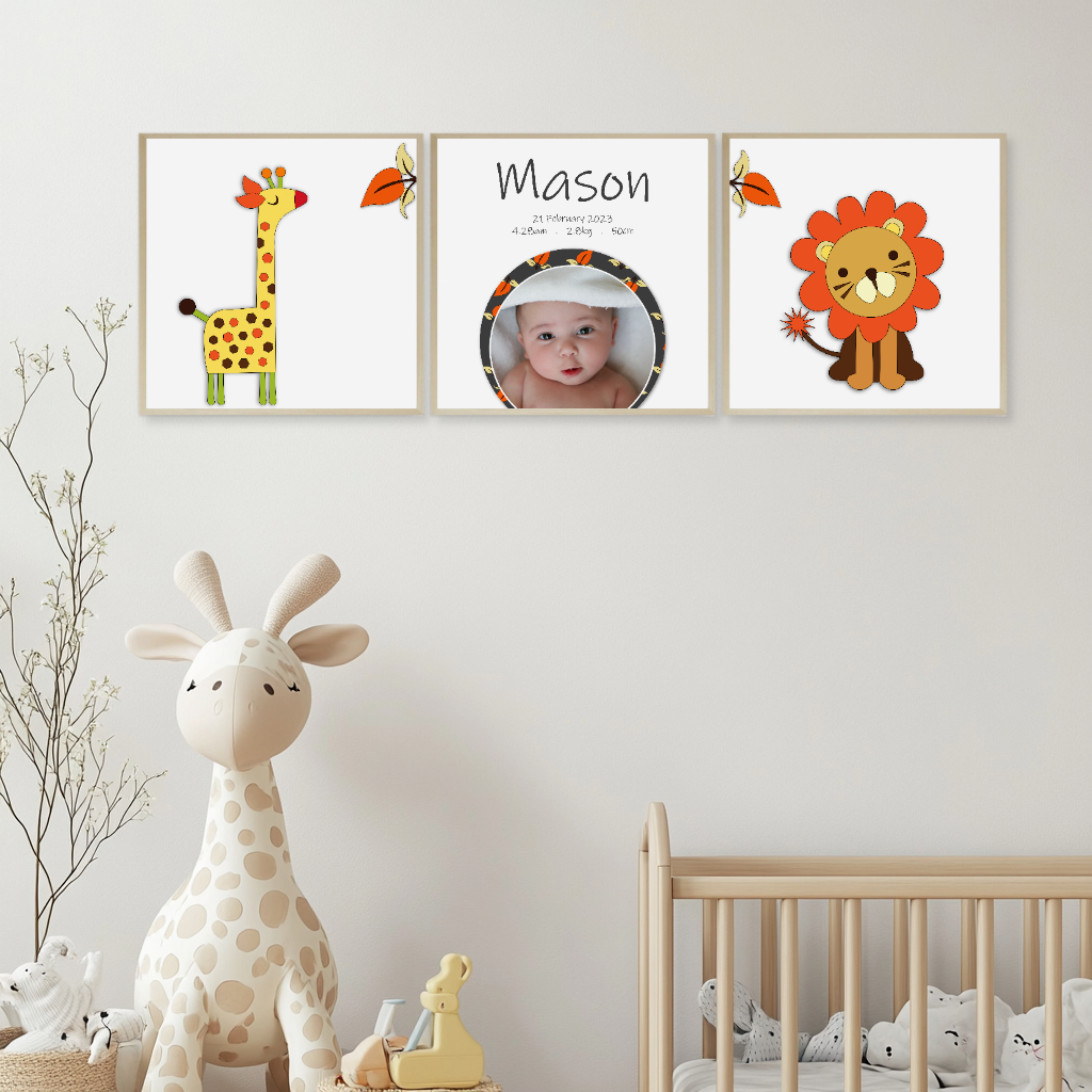 Personalised Retro Jungle Nursery Prints – Giraffe, Lion & Baby Name Art 2 Personalised Retro Jungle Nursery Prints