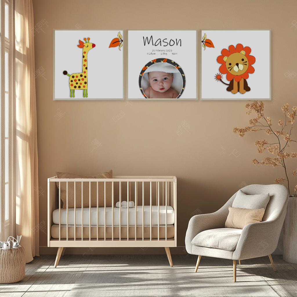 Personalised Retro Jungle Nursery Prints – Giraffe, Lion & Baby Name Art 3 Personalised Retro Jungle Nursery Prints