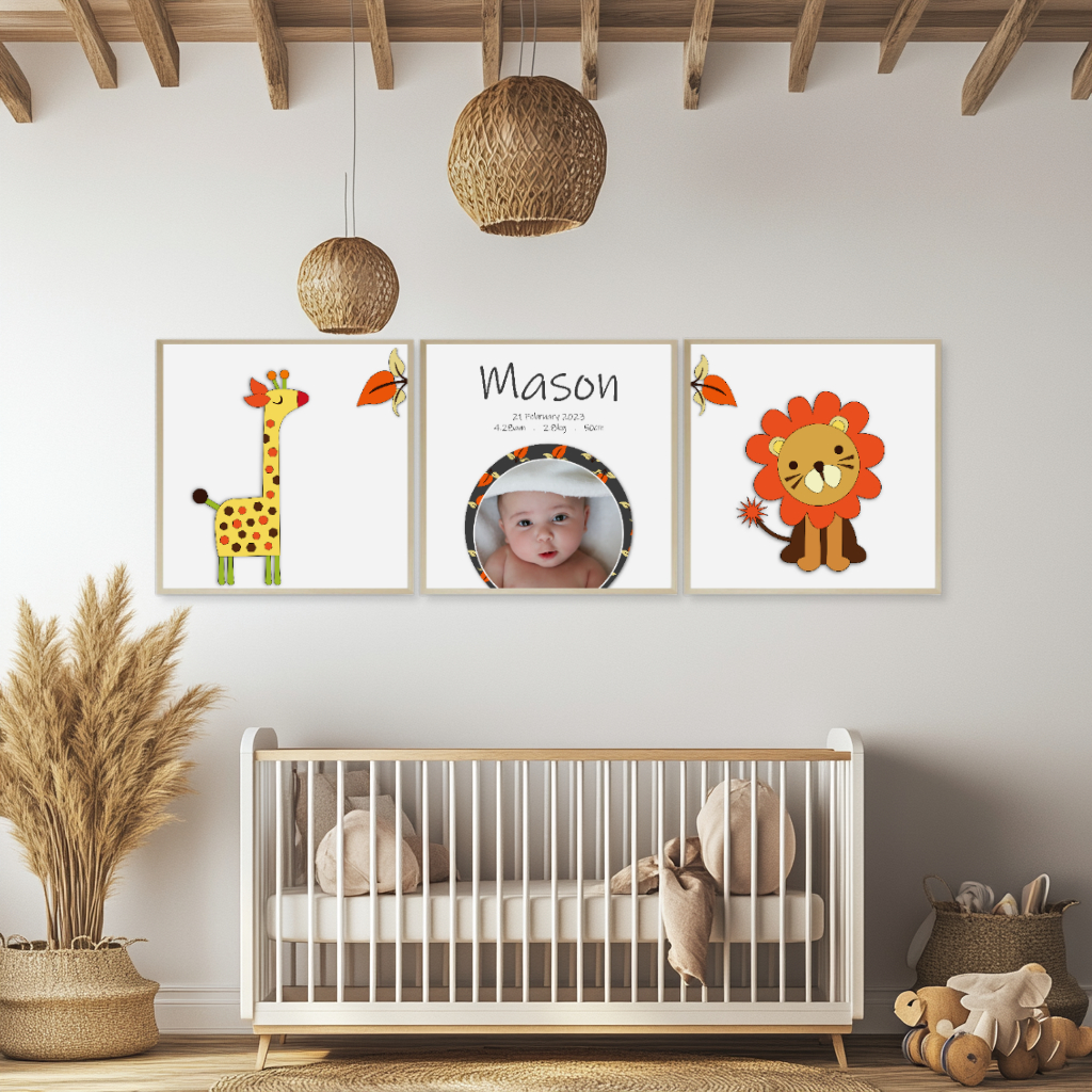 Personalised Retro Jungle Nursery Prints – Giraffe, Lion & Baby Name Art 1 Personalised Retro Jungle Nursery Prints