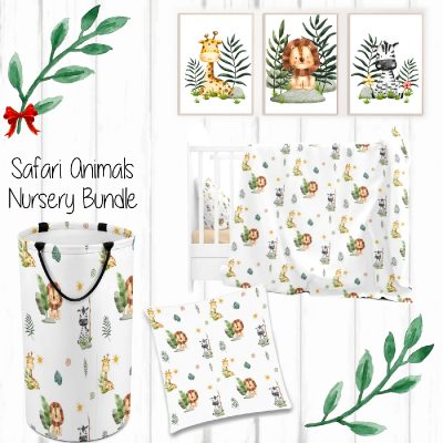 Nursery & Kids Wall Art Prints 7 Luxury Safari Animals Coordinated Nursery Blanket, Pillow & Toy Hamper